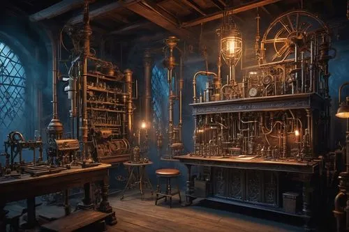 apothecary,candlemaker,potions,dark cabinetry,clockmaker,witch's house,alchemy,ornate room,potter's wheel,study room,scientific instrument,hogwarts,victorian kitchen,witch house,a dark room,bookshelves,cabinetry,distillation,watchmaker,laboratory,Art,Classical Oil Painting,Classical Oil Painting 01