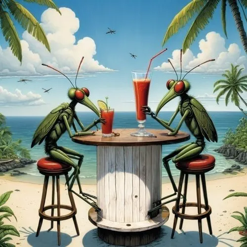 dark wood color bar table,two mosquitoes having a bloody mary drink on a tropical island,margaritaville,tropical birds,birdwatchers,beach restaurant,vacationers,tropicalia