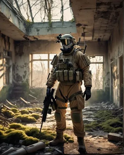 an abandoned hospital, things messy and scattered, some walls covered with small trees and moss,there was a man wearing a battle suit holding a rifle, post apocalypse environment,warfighter,spetsnaz,c