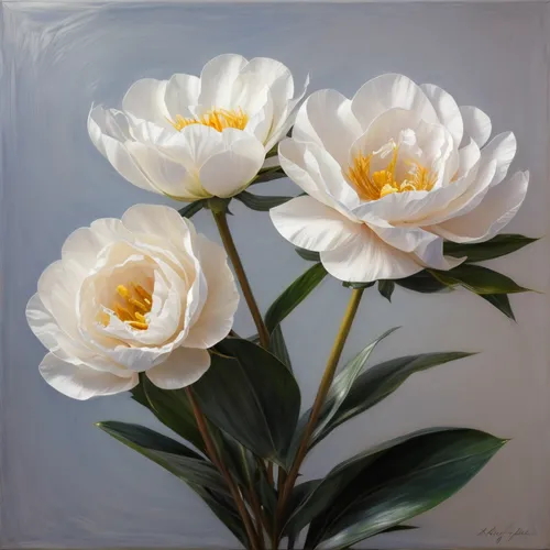 白牡丹,white tulips,tulip white,peony,peonies,carol colman,shasta daisy,common peony,white water lilies,chinese peony,white magnolia,oil painting,white anemones,flower painting,tommie crocus,oil painting