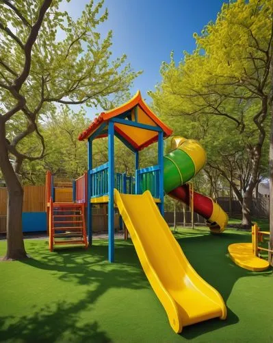 Colorful playground, modern architecture, slide, swings, seesaw, sandbox, climbing frame, monkey bars, rope ladder, spiral staircase, bright yellow, sky blue, vibrant green, safety rubber flooring, wo