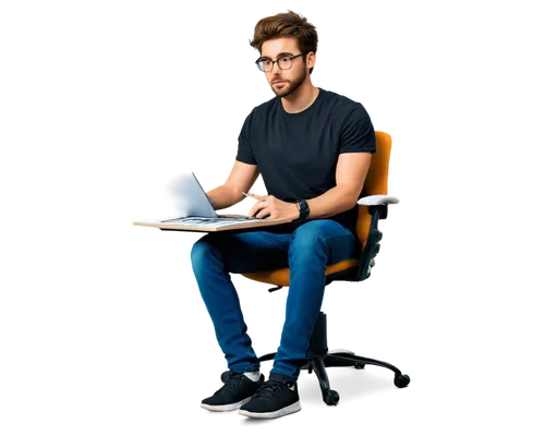 Young adult male graphic designer, casual wear, jeans, black t-shirt, sneakers, messy brown hair, glasses, beard, intense gaze, drawing tablet, digital pen, colorful background, modern office desk, er