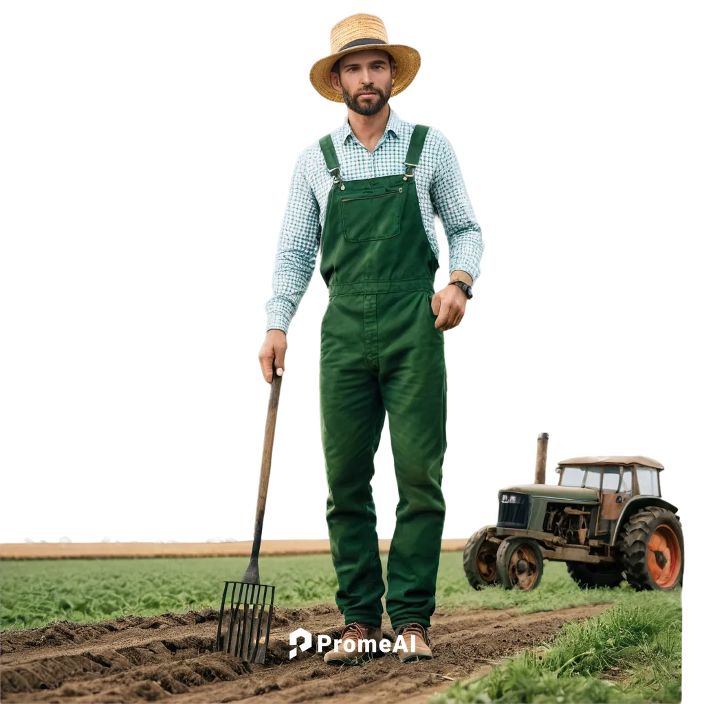 Rural landscape, farmhouse, green fields, barn, tractor, farmer, overalls, straw hat, holding pitchfork, standing, afternoon sun, warm lighting, shallow depth of field, 3/4 composition, earthy color t