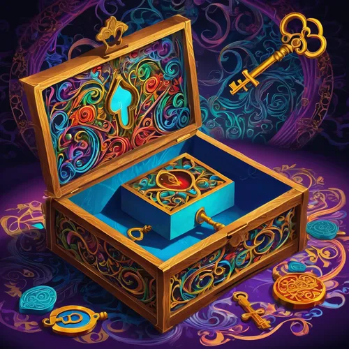 treasure chest,music chest,lyre box,music box,musical box,card box,mechanical puzzle,pirate treasure,magic grimoire,gift box,candy cauldron,fortune teller,trinkets,cauldron,wooden box,card table,wishing well,magic cube,toy box,witch's hat icon,Illustration,Realistic Fantasy,Realistic Fantasy 39