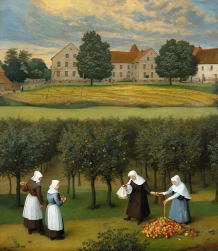 agricultural scene,gleaners,orchardists,girl picking apples,nuns,sedlacek