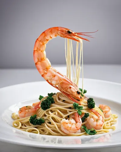 Write a futuristic recipe for shrimp pasta using advanced molecular gastronomy techniques.,scampi,scampi shrimp,seafood pasta,shrimp pasta,fettuccine and shrimp,pad thai prawn,baked shrimp with glass 