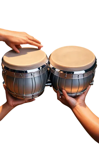 bongo drums, metallic material, brown wood texture, intricate carvings, shiny chrome hardware, dynamic pose, hands playing, fingers moving quickly, rhythmic motion, bright stage lighting, close-up sho