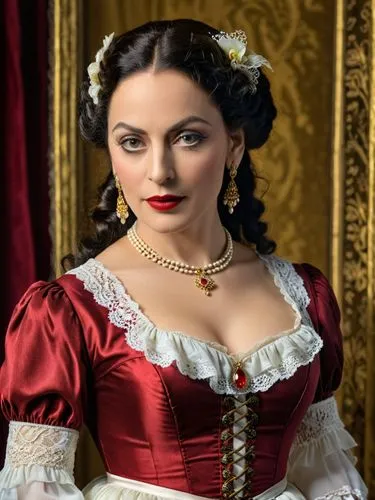 A high resolution photo Portrait of Lola Montez,the woman wearing a red and white dress is wearing pearls and a red necklace,gitana,musetta,victorian lady,cenerentola,oreiro,habanera,Photography,Gener