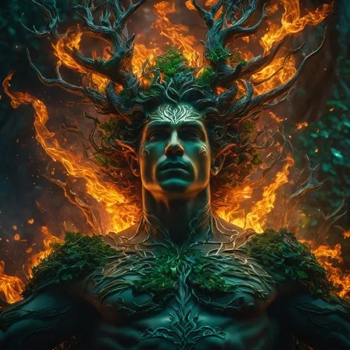 tree crown,forest man,fantasy portrait,druid,dryad,crown of thorns,shaman,burning bush,tree man,shamanic,fantasy art,burning earth,firethorn,burning tree trunk,trioceros,tree of life,pagan,green tree,mother earth,shamanism,Photography,General,Fantasy