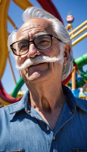 Old man, 60s, white beard, mustache, wrinkles, silver hair, glasses, casual wear, blue denim shirt, light brown pants, comfortable shoes, Six Flags theme park, sunny day, clear sky, vibrant colors, fe