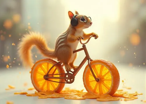 un écureuil joyeux orange très abstrait sur une orange, sautant sur un vélo, les roues sont des écorces d’orange, portant des lunettes et des écouteurs, isolé sur fond blanc, la roue avant est plus gr