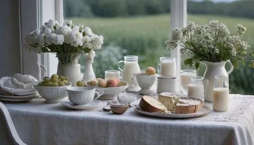 A white table set with bowls of cheese and cottage cheese, white and Eshel cups, yogurts and bottles of chocolate and milk,tablescape,scandinavian style,tableware,toast skagen,table arrangement,table 