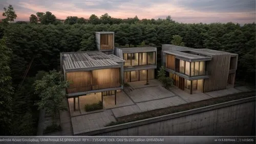 (at dusk:1.3) show creepers shown in images , heighlight the windows,deadwalls on tower ,name is om hospital , ,3d rendering,cubic house,timber house,modern house,eco-construction,cube stilt houses,mo