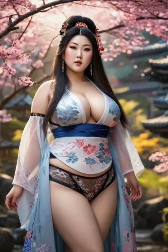 Beautiful chubby plus-sized woman, UPSCALED, full body, 18K, Realistic, Hyper detail face, beautiful face, wearing parts of a translucent tulle Japanese Geisha dress and a lace underwear hyper detaile