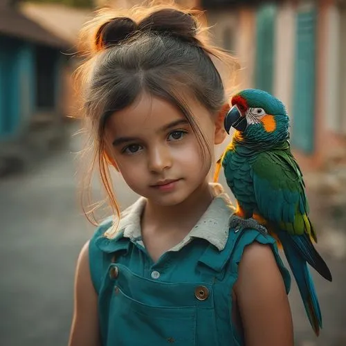 ילדה קטנה עם תוכי על הכתף,blue parrot,tropical birds,beautiful macaw,colorful birds,photographing children,tropical bird,exotic bird,parrot,beautiful bird,macaws of south america,blue bird,tenderness,