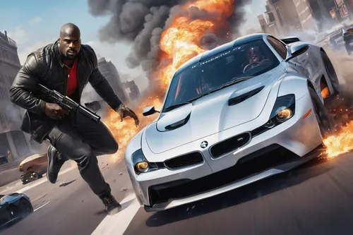 Write a thrilling action sequence with Shaquille Robinson in a high-speed car chase.,action-adventure game,mobile video game vector background,game art,racing video game,game car,game illustration,fas