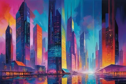 cityscape,colorful city,guangzhou,cybercity,futuristic landscape,skyscrapers,city skyline,metropolis,cyberport,dubia,dubai,ctbuh,fantasy city,hypermodern,world digital painting,megacorporation,skyscraper,harbour city,sedensky,city at night,Conceptual Art,Oil color,Oil Color 25