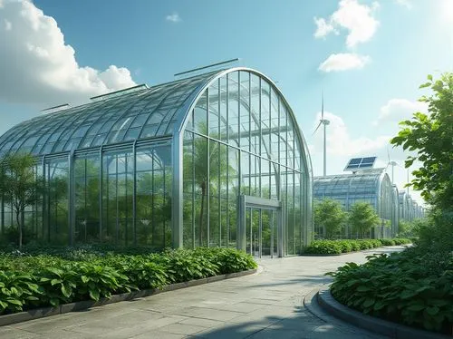 Modern greenhouse, steel frame structure, sleek curved lines, large glass panels, natural light pouring in, lush greenery inside, tropical plants thriving, automated irrigation system, misting sprinkl