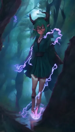 An evil girl walks through the forest with swirling purple magic all around her.,a green haired girl with horns, wearing glasses and a green dress,tira,akali,fae,tiber riven,touhou,kagome