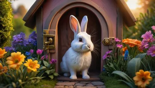 bunny on flower,cartoon rabbit,fairy door,cartoon bunny,lapine,peter rabbit,Photography,General,Sci-Fi