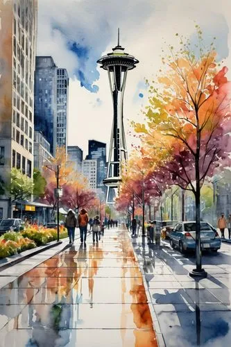 artthielseattle,seattleite,seattle,space needle,watercolor,watercolor painting,seattleites,watercolor background,bumbershoot,city scape,benaroya,ballard,watercolorist,seattlepolitics,lauravecseyseattle,colorful city,cityscapes,sealth,watercolor pencils,world digital painting,Illustration,Paper based,Paper Based 25