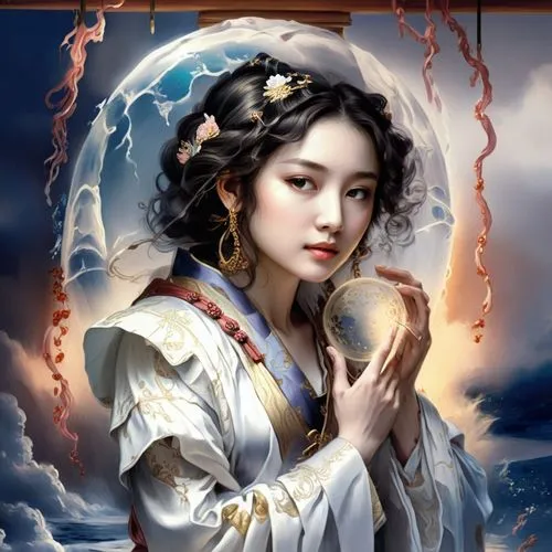 a painting of a woman holding a mirror,diaochan,kuanyin,sanxia,jianyin,rongfeng,xueliang,Illustration,Realistic Fantasy,Realistic Fantasy 01