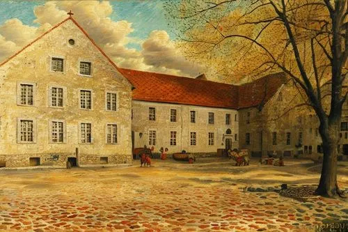 Oil painting, Pieter Bruegel the Elder style, landscape, Renaissance, Middle Ages, impasto painting style, Depicts the main building, The walls are made of light beige stone, the roofs are red-brown t