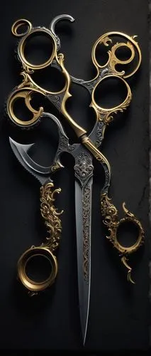 shears,scythe,pair of scissors,cinema 4d,black and gold,skeleton key,scissors,3d model,gold jewelry,gold foil art,gold filigree,dagger,swords,steam icon,king sword,gold paint stroke,excalibur,hunting knife,gold rings,collected game assets,Photography,Artistic Photography,Artistic Photography 05