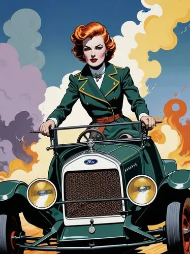 Comic drawing in the style of Roy Lichtenstein: Mrs. Clara Jane Ford is at the center of the action. She is driving a Ford (Model T) through a Texan landscape, its dark green paint reflecting the brig