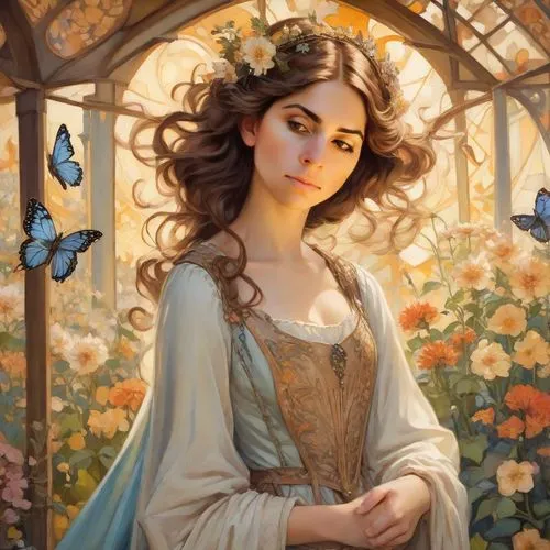 vanessa (butterfly),fantasy portrait,faery,gatekeeper (butterfly),julia butterfly,girl in the garden,faerie,jasmine blossom,mystical portrait of a girl,romantic portrait,flower fairy,butterflies,art nouveau,rosa 'the fairy,girl in flowers,fairy queen,monarch,flora,hesperia (butterfly),girl in a wreath,Digital Art,Impressionism