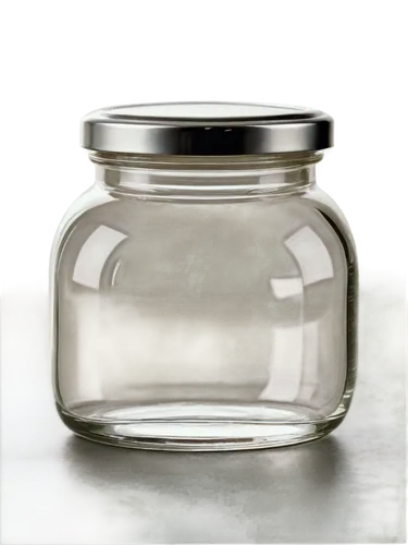 Transparent glass jar, clear liquid inside, shiny surface, rounded body, narrow neck, silver metal lid, subtle reflections, soft focus, shallow depth of field, morning light, 3/4 composition, warm col