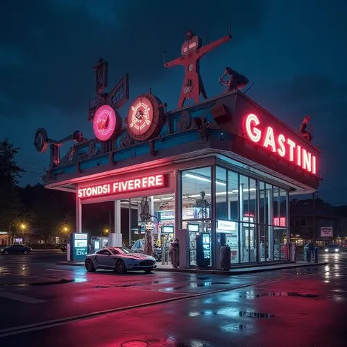 Postmodern gas station, futuristic neon lights, irregular geometric shapes, bold vibrant colors, abstract sculptures, eclectic mix of materials, steel beams, glass façade, concrete walls, retro-futuri