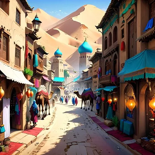 an animated desert town with camels and some buildings,kasbah,souk,souks,agrabah,la kasbah,shopping street,medina,marketplace,bazaar,medieval street,sansar,world digital painting,casbah,lowpoly,clouds