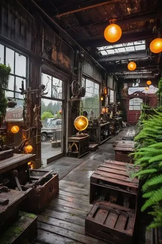 Industrial architectural salvage yard, Portland Oregon, overcast sky, rainy day, old wooden crates, rusty metal scraps, vintage machinery parts, distressed brick walls, worn wooden planks, corrugated 