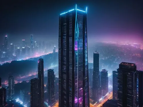 Modern ssp architecture, futuristic skyscraper, steel structure, glass facade, asymmetrical design, sharp edges, metallic texture, neon lights, cityscape background, night scene, misty atmosphere, dis