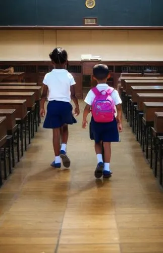 two girls are walking toward a classroom with many tables,schoolrooms,schoolchildren,school children,little girls walking,school enrollment,escuelas