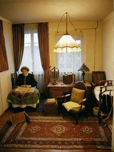 View into the upper-class apartment of a German Jew.,the woman is sitting in the small room near the desk,beuys,jandek,fassbinder,autochrome,parajanov,tarkovsky,Photography,Documentary Photography,Doc