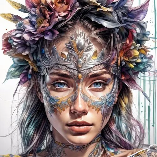 boho art,fantasy portrait,faery,fantasy art,flower fairy,faerie,kahila garland-lily,feather headdress,floral wreath,elven flower,world digital painting,digital art,masquerade,girl in flowers,digital painting,flower crown,headdress,flora,face paint,flower of life