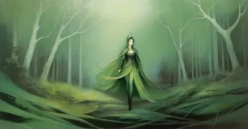 a painting of a woman standing in the woods,mirkwood,dryad,elven forest,ballerina in the woods,the enchantress,seelie,Illustration,Realistic Fantasy,Realistic Fantasy 16