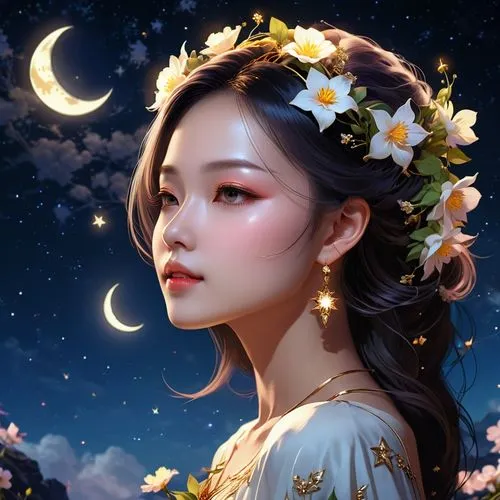 night-blooming jasmine,moonflower,diwata,qiong,jasmine blossom,hanqiong,moonlit night,yunwen,fairie,moon and star background,xueying,chuseok,moonlit,fantasy portrait,moon and star,flower fairy,jinling,youliang,zhengying,stars and moon,Photography,General,Realistic