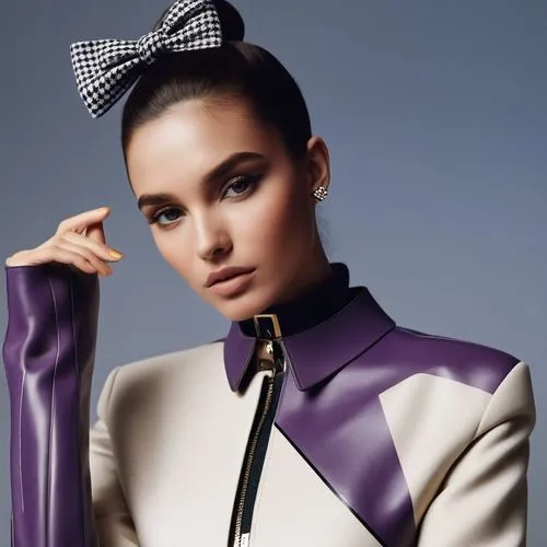 black hair, black, white and violet attire, gingham  pattern bow,a woman is wearing a purple and white jacket with an adorable bow,satin bow,demarchelier,dvf,gagloyeva,bow tie,white bow,Photography,Fa