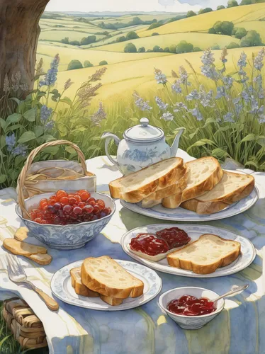 Describe a serene countryside picnic, with freshly baked bread and toast served alongside homemade jam.,cream tea,still life with jam and pancakes,breadbasket,breakfast table,strawberry jam,garden bre