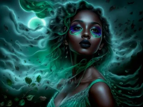 malachite,dryad,dryads,medusa,fantasy portrait,enchantress,leota,the enchantress,oshun,vodun,bioluminescent,green aurora,seelie,baoshun,green mermaid scale,chryste,fathom,sorceress,niobe,fantasy art,Illustration,Realistic Fantasy,Realistic Fantasy 25