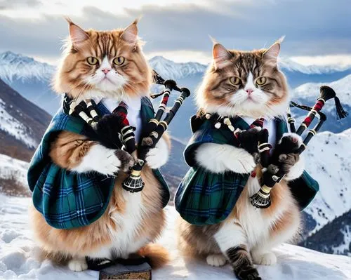 two Persian cats dressed as Scots playing bagpipes,two cats dressed in scottish clothing playing bagpipes in snow,bagpipes,pipers,kilts,bagpipers,scotsmen,bagpiper,Photography,General,Natural