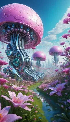 mushroom landscape,futuristic landscape,mushroom island,alien world,cosmos field,ecotopia,alien planet,lifeforms,fairy world,apiarium,flower dome,habitats,valerian,fantasy landscape,mushrooms,cosmos,utopian,cyberia,utopia,wonderlands,Conceptual Art,Sci-Fi,Sci-Fi 03