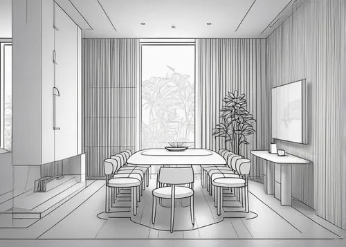 I need the furniture's outline in a darker and more accurate draft.,this is an image of a living room with a table and chairs,dining room,kitchen design,sketchup,office line art,breakfast room,kitchen