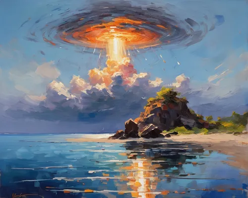 mushroom cloud,nuclear explosion,atomic bomb,ufo,mushroom island,hydrogen bomb,nuclear bomb,explosion,heliosphere,explosions,atomic age,flying saucer,ufo intercept,mushroom landscape,world digital painting,meteor,ufos,detonation,atmospheric phenomenon,explode,Conceptual Art,Oil color,Oil Color 10