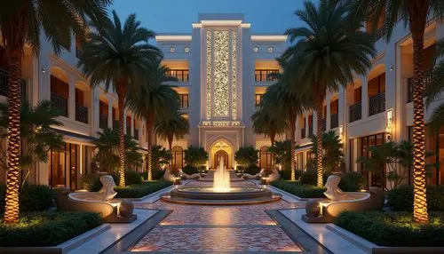 Geometric Art Deco building, luxurious courtyard, ornate metalwork, symmetrical gardens, vibrant tropical plants, palm trees, statement sculptures, elegant fountains, grand staircases, sleek stone wal