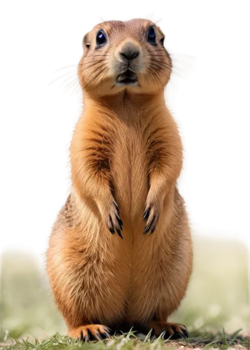 Prairie dog, standing, facing front, cute expression, big round eyes, brown fur, white belly, small nose, whiskers, ears perked up, paws together, grassland habitat, warm sunlight, shallow depth of fi