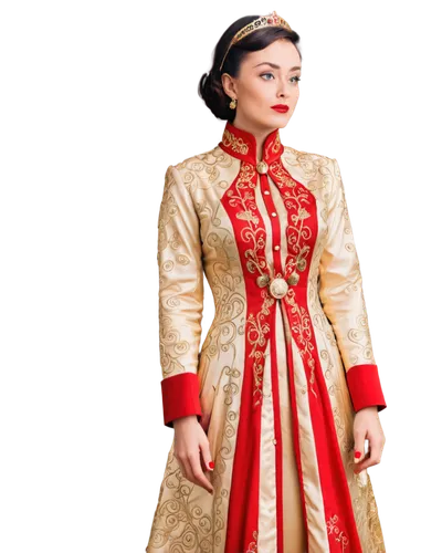 Gold embroidered royal robe, long sleeve, high collar, majestic, luxurious fabric, intricate patterns, red and gold trim, ornate buttons, flowing train, regal posture, confident expression, soft focus